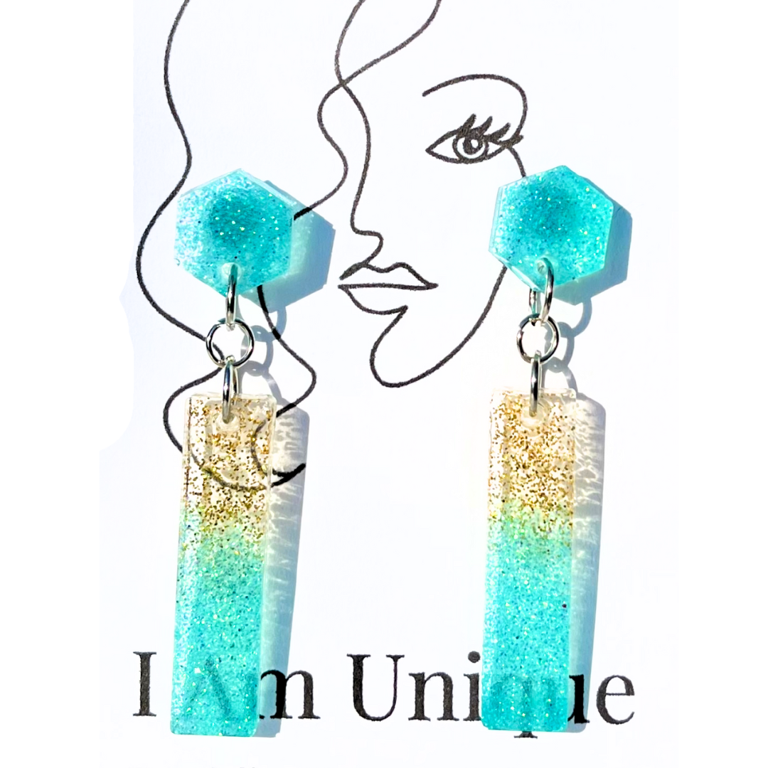 Aqua and Gold Glitter Sleek and Chic Resin Earrings