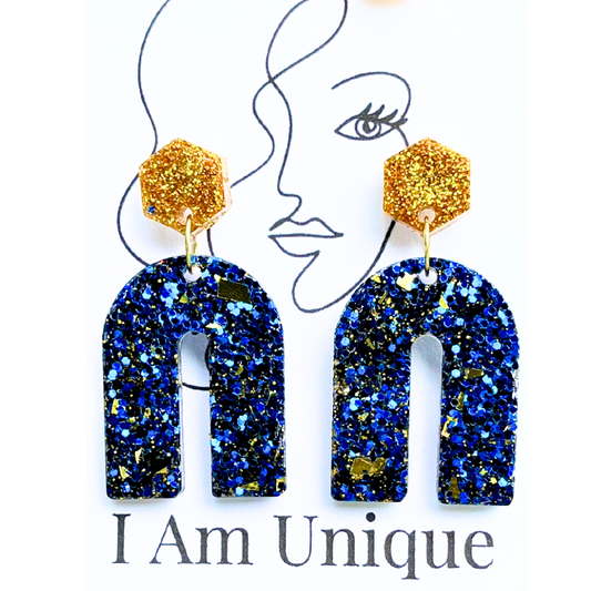 Blue and Gold Glitter Bold Bend Resin Earrings