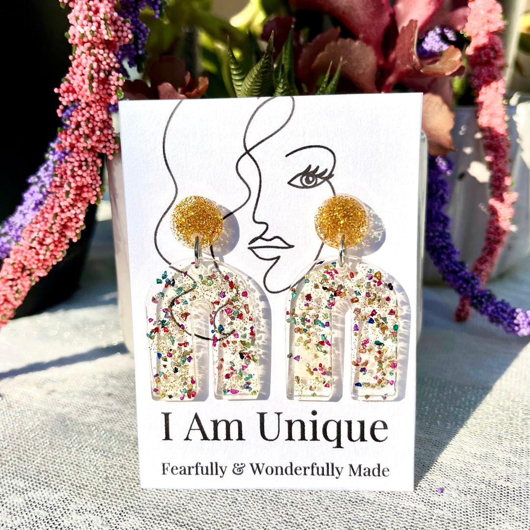 Gold Glitter Chunky Glitter Bold Bend Resin Earrings - Creator: Unique Carper, Shop: I Am Unique