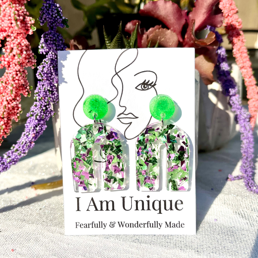 Green and Purple Confetti Bold Bend Resin Earrings, Earrings, I Am Unique, I Am Unique,  I Am Unique Store, iamuniquedotme, Unique Carper, Unique Solutions, Virtual Assistant, Non-Profit Consultant