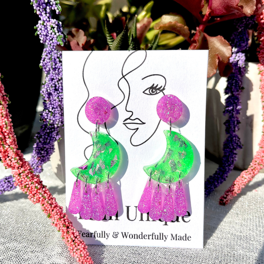 Green and Purple Glitter Moon Drop Resin Earrings, Earrings, I Am Unique, I Am Unique, I Am Unique Store, iamuniquedotme, Unique Carper, Unique Solutions, Virtual Assistant, Non-Profit Consultant