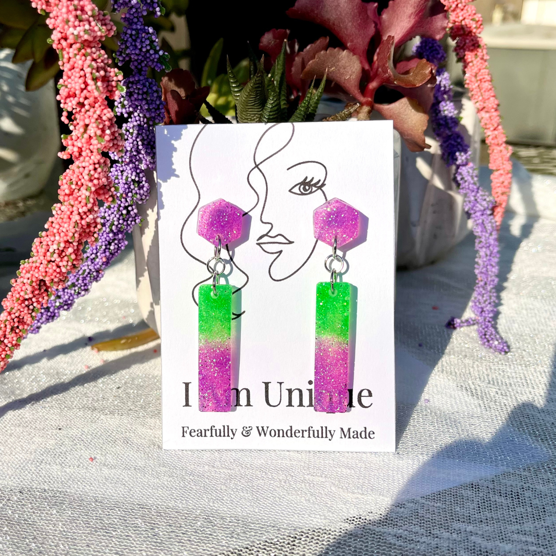 Green and Purple Glitter Sleek and Chic Resin Earrings, Earrings, I Am Unique, I Am Unique, I Am Unique Store, iamuniquedotme, Unique Carper, Unique Solutions, Virtual Assistant, Non-Profit Consultant