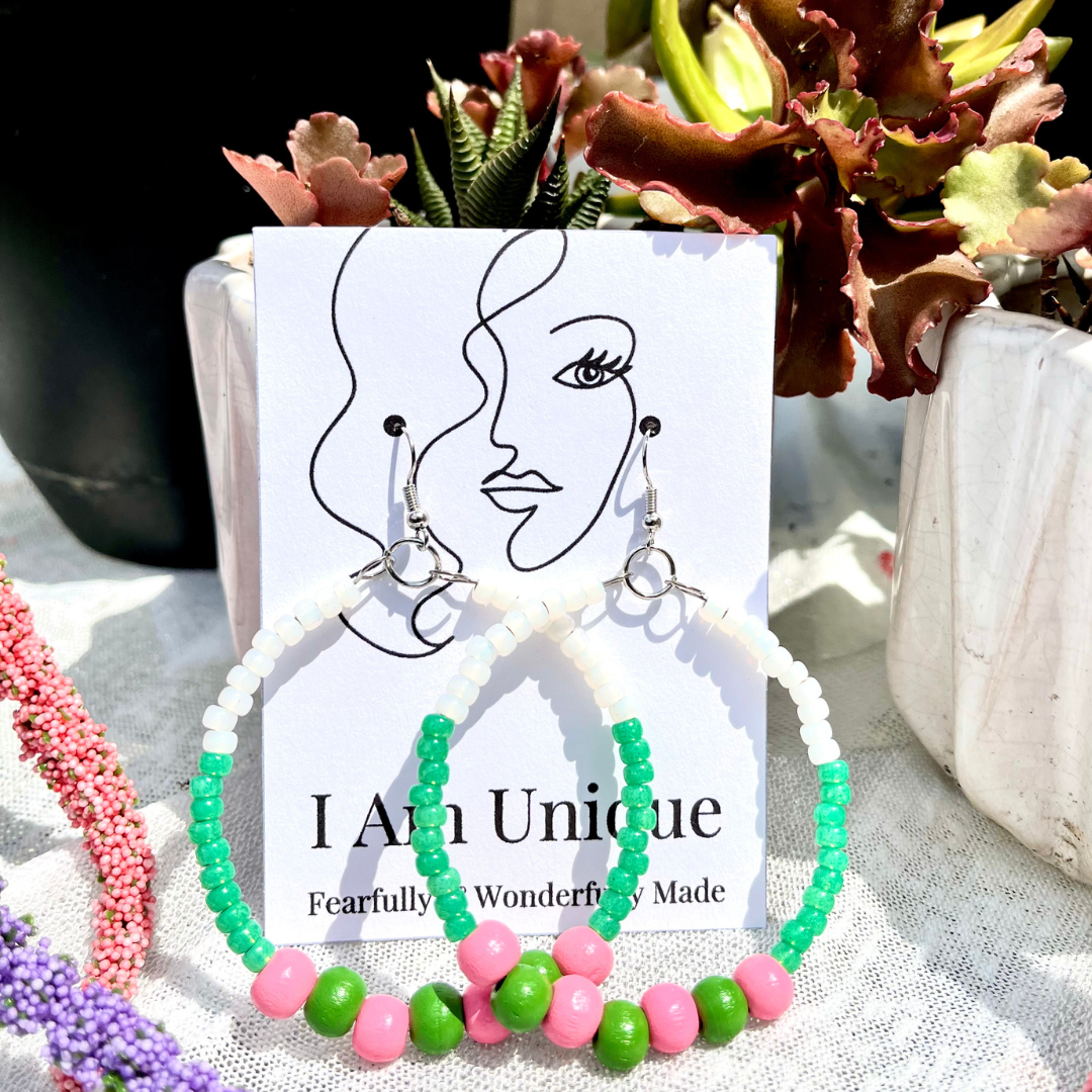 Oh So Pretty Hoop Earrings, Earrings, I Am Unique, I Am Unique, I Am Unique Store, iamuniquedotme, Unique Carper, aka earrings, pink and green earrings