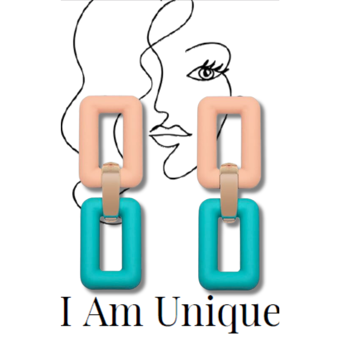 Peach Fuzz and Vibrant Capri luxe link Rectangular Dangle Earring - Unique Carper I Am Unique. Peach and Blue Earrings. geo link earrings