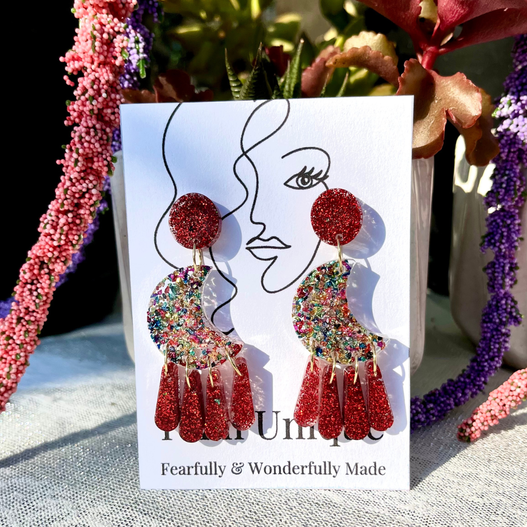 Red Glitter Moon Drop Resin Earrings, Earrings, I Am Unique, I Am Unique, I Am Unique Store, iamuniquedotme, Unique Carper, Unique Solutions, Virtual Assistant, Non-Profit Consultant