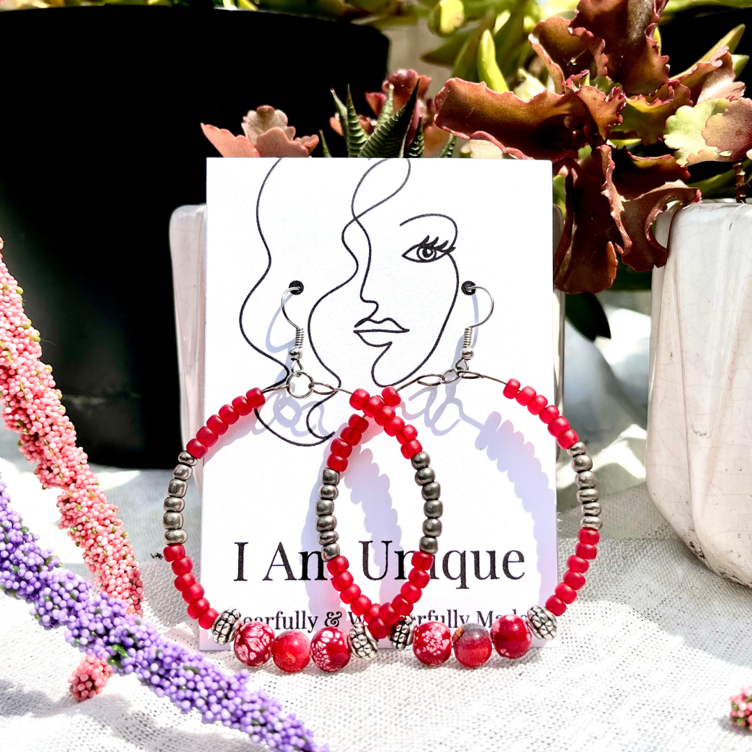 Scarlet Devotion Hoop Earrings, red hoop earrings, red beaded earrings, unique carper, i am unique
