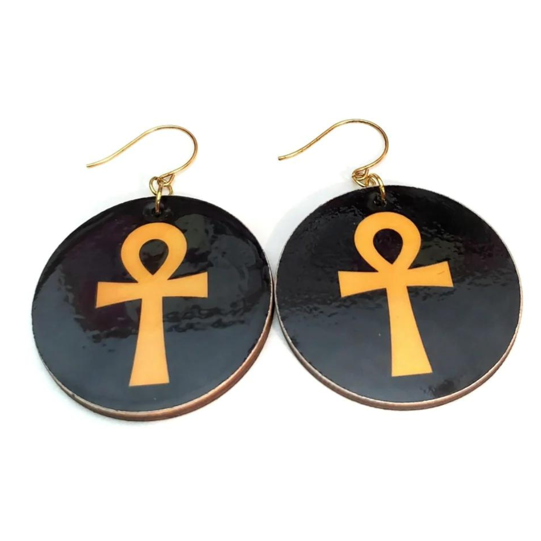 ankh earrings, black and gold anhk earrings, wood ankh earrings, i am unique, unique carper