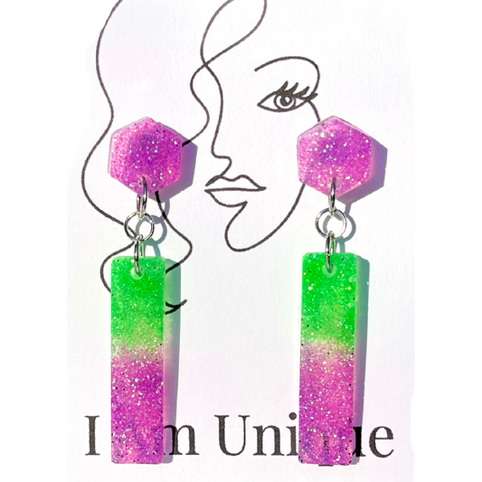 Green and Purple Glitter Sleek and Chic Resin Earrings