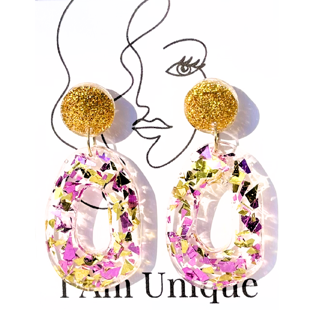 Purple and Gold Confetti Ovalicious Resin Earrings