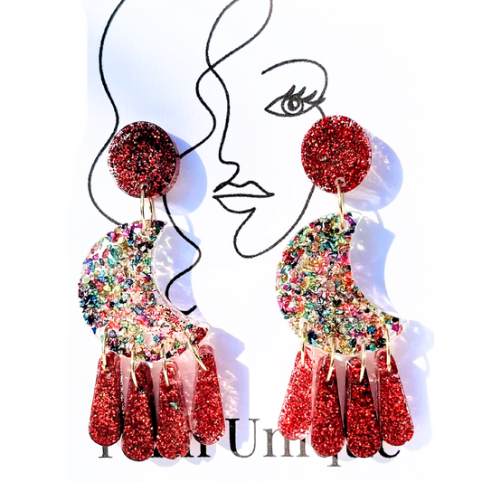 Red Glitter Moon Drop Resin Earrings