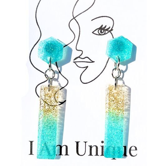 Aqua and Gold Glitter Sleek and Chic Resin Earrings