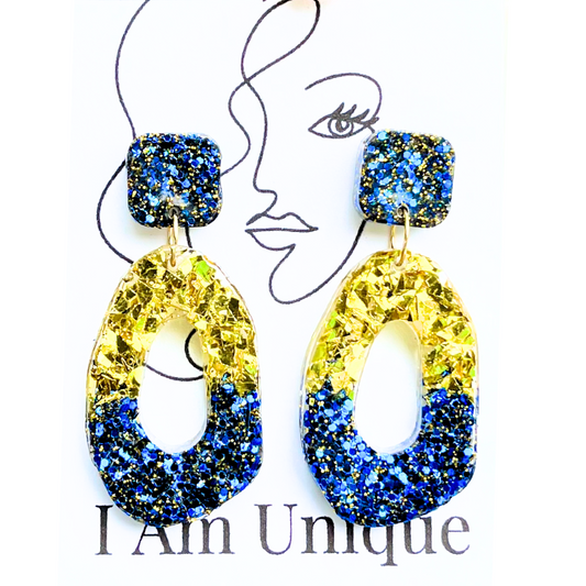 Blue Glitter and Gold Confetti Ovalicious Resin Earrings