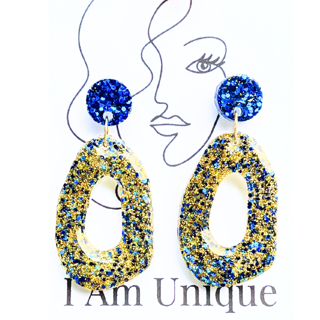 Blue and Gold Glitter Ovalicious Resin Earrings