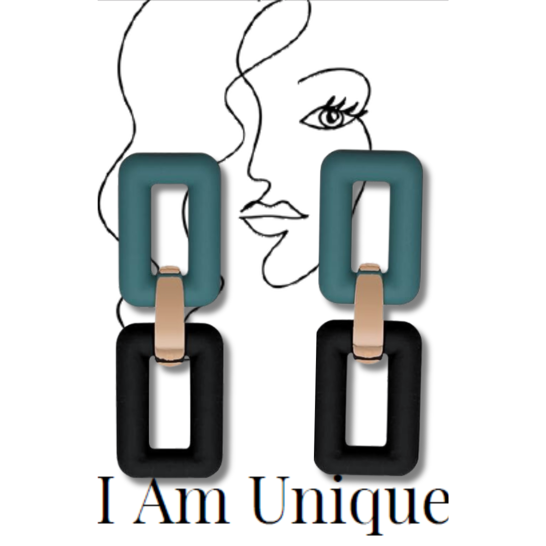 Boston Green and Raven luxe link Rectangular Dangle Earring - Unique Carper I Am Unique. Black and Green Earrings. Geo Link Earrings