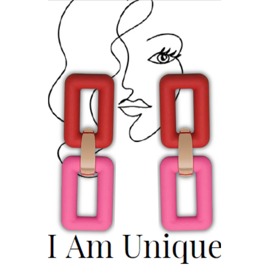 Fiery Red- Fiesta and Himalayan Balsam luxe link Rectangular Dangle Earring - Unique Carper I Am Unique. Geo Link Earrings. Red and Pink Earrings