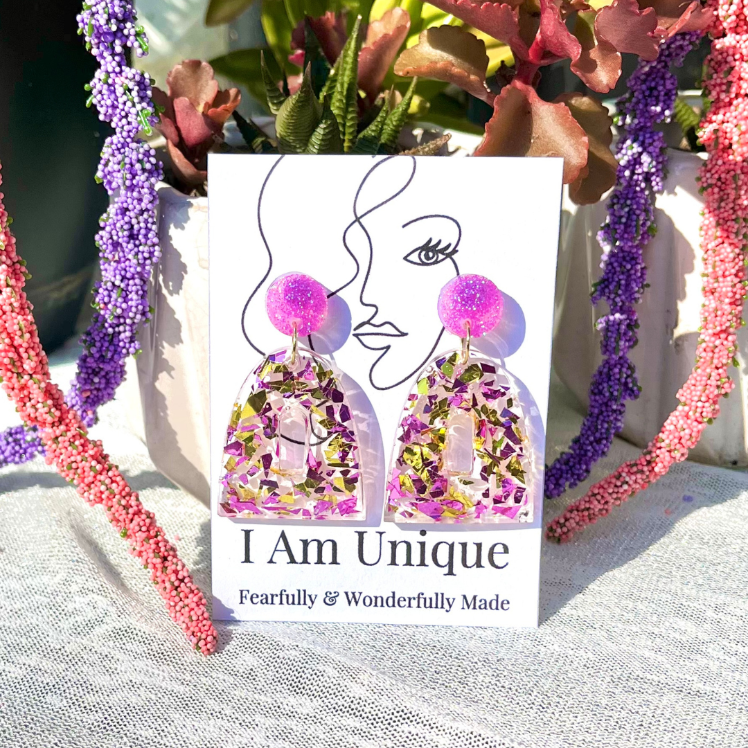 purple and gold earrings, gold handmade earrings, handmade resin earrings, purple glitter earrings, unique carper, i am unique