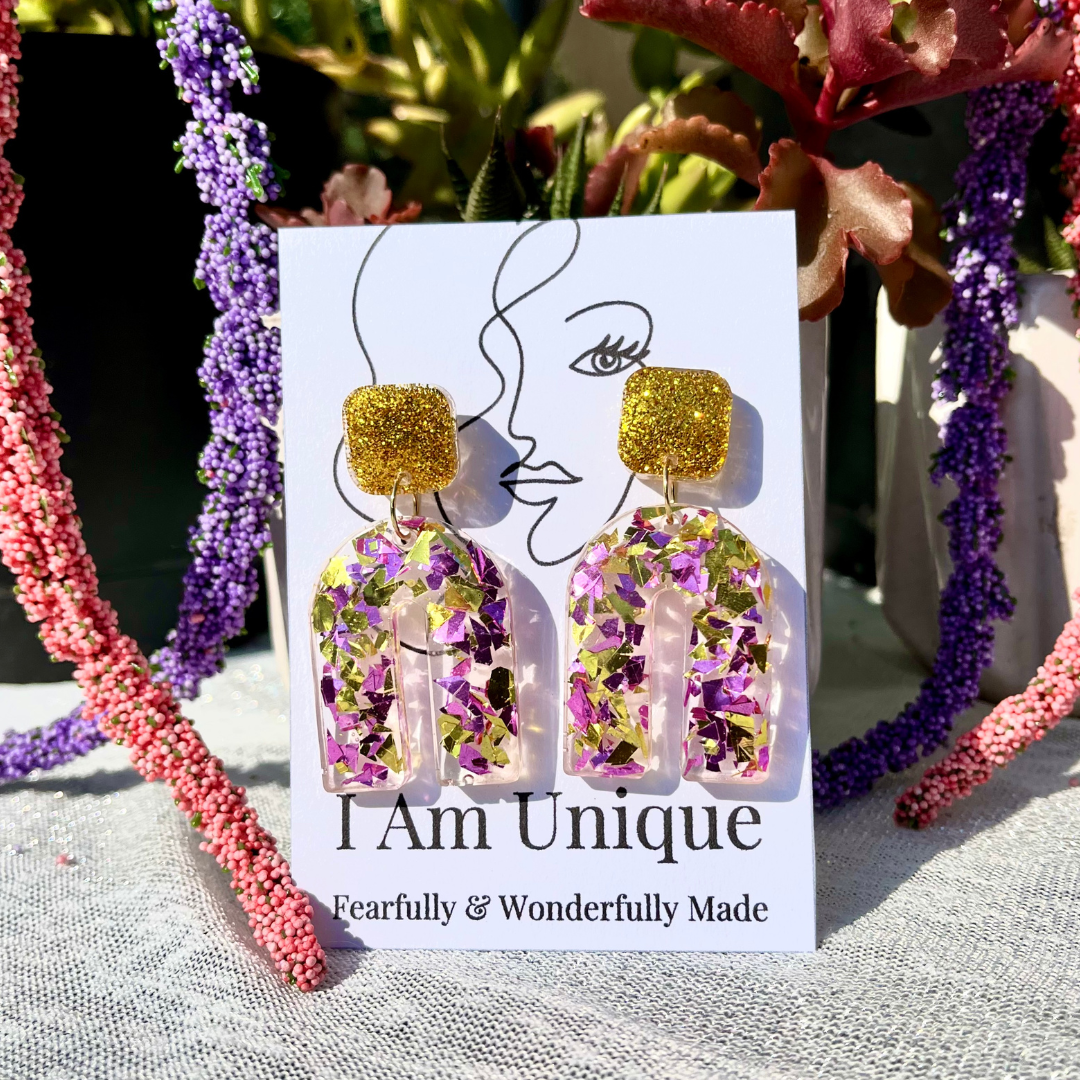 purple and gold earrings, arch shaped earrings, rainbow earrings, purple resin earrings, gold resin earrings, handmade earrings, i am unique, unique carper