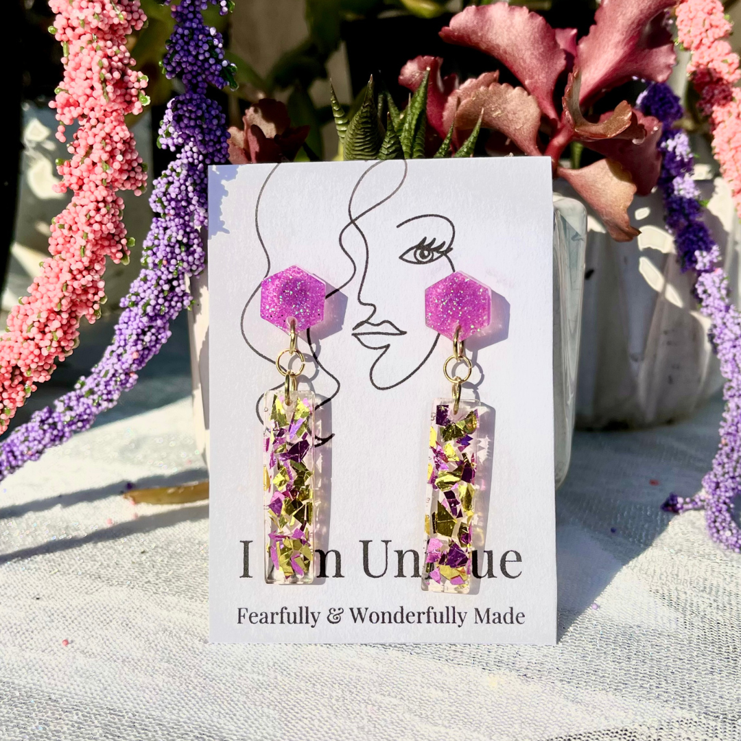 Purple and Gold Confetti Sleek and Chic Resin Earrings, Earrings, I Am Unique, I Am Unique,  I Am Unique Store, iamuniquedotme, Unique Carper, Unique Solutions, Virtual Assistant, Non-Profit Consultant