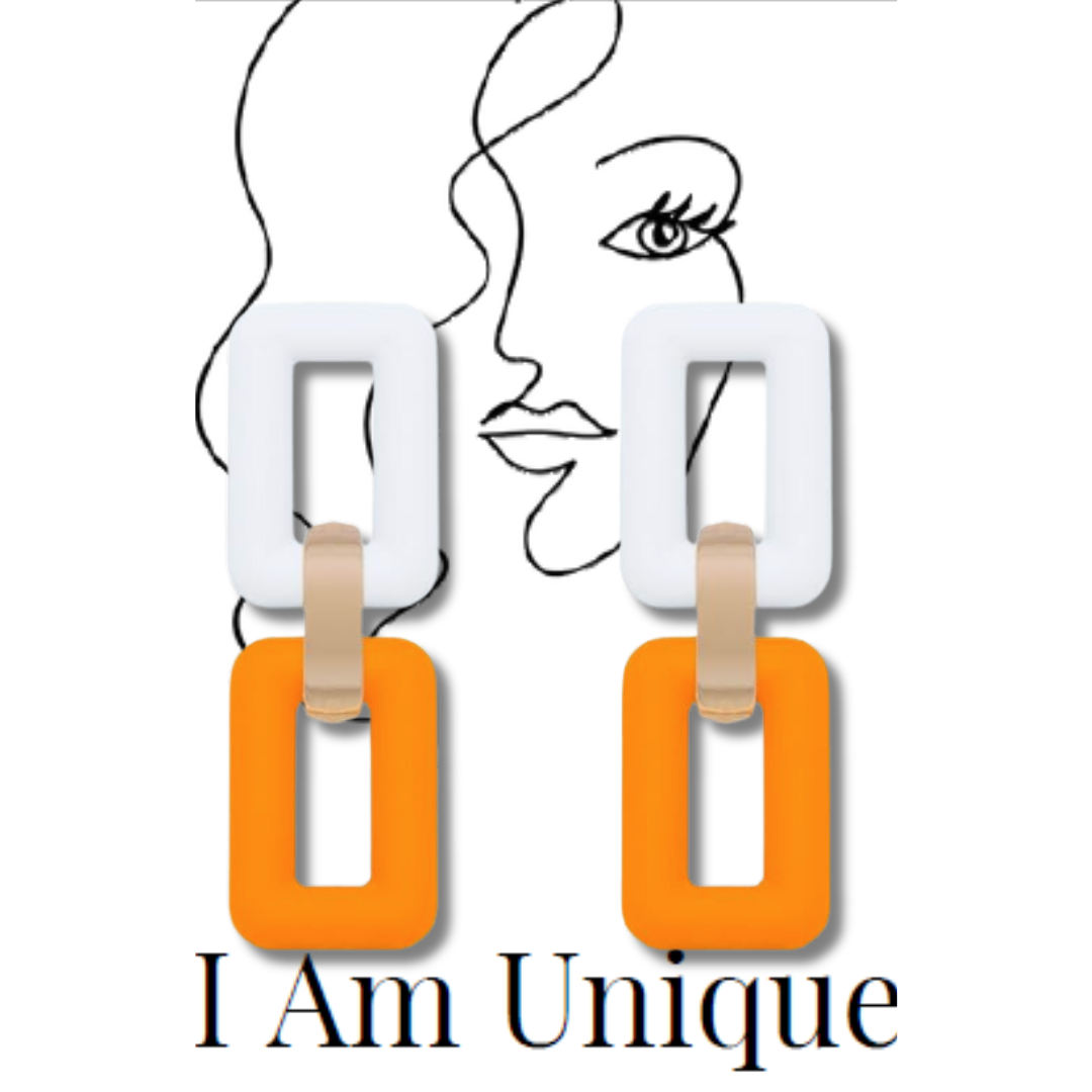 White and Sun Orange  luxe link Rectangular Dangle Earring - Unique Carper I Am Unique. White and Orange Earrings. Geo Link Earrings