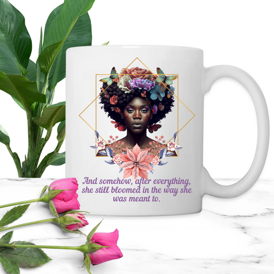 black woman flower mug, black woman mug, woman blooming flower mug, black woman quote mug, i am unique, unique carper
