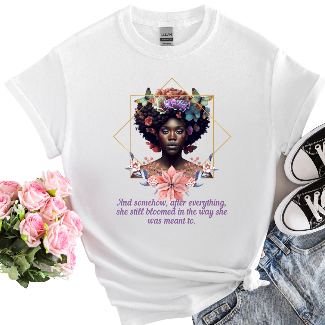 black woman flower shirt, black woman shirt, woman blooming flower shirt, i am unique, unique carper
