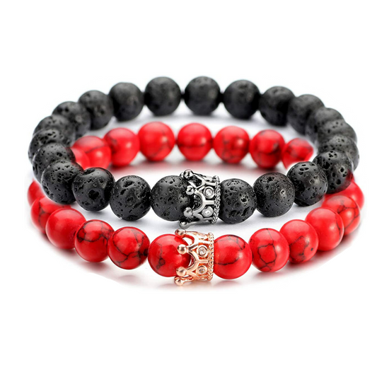 Black Lava Stone & Red Howlite Bracelet Set