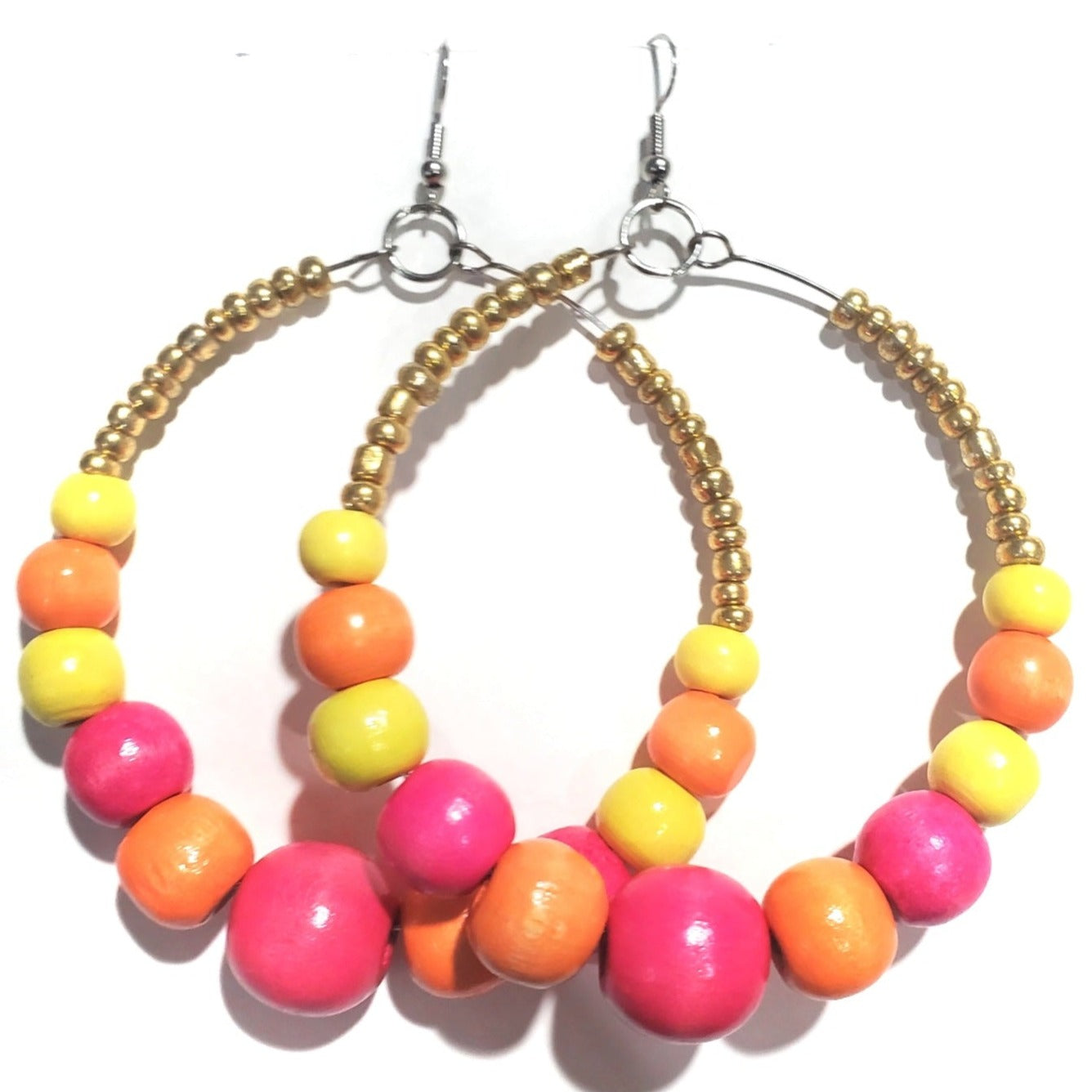 Pink, Orange, and Yellow Wood Bead Earrings designed by creator Unique Carper – Cute, chic, and fabulous earrings that are bright enough to attract all the attention when you step into any room